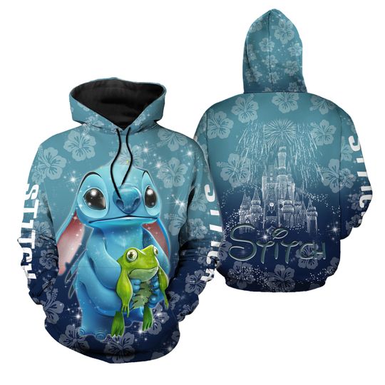 Discover Stitch Frog Hibiscus 3D Hoodie Disney 3D Hoodie