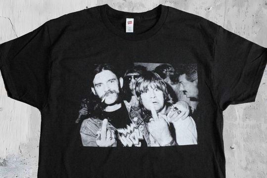 1980s OZZY Osbourne LEMMY Kilmister Middle Finger B&W Photo Rock N Roll Heavy Metal Outlaw Hand Screen Printed Sabbath Motorhead Band Shirt