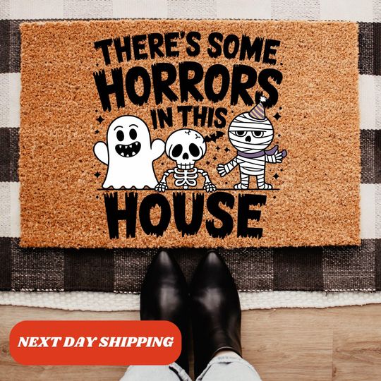 There's Some Horror In This House Doormat, Spooky Season, Halloween Mat, Halloween Decor, Welcome Doormat, Front Door Mat, Halloween Ghost