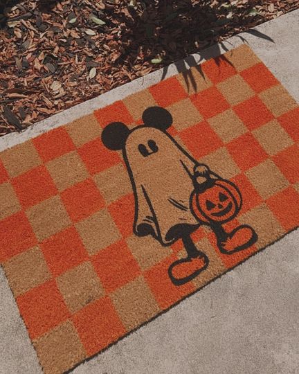 Mickey Ghost Checkered Doormat | Halloween | Disney | Fall | Custom Doormat | Holiday | Gift Idea | Retro | Checkered