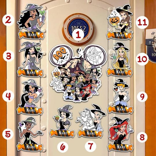 Disney Princess Halloween Magnet, Custom Name Door Decor, Spooky Cruise Gift for Girl, Princess Trick or Treat Tag