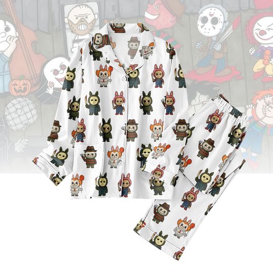 Halloween Horror Character Pajamas Set, Cute Labubu Scary Sleepwear, Kawaii Labubu Spooky Pajamas Pants, Killers Chibi Style Trending S