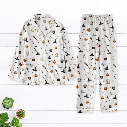 Cute Halloween Long Pajamas, Ghost Pumpkin Witch Outfit, White Spooky Pajamas Women, Fall Sleepwear Gift, Candy Corn Halloween Clothes