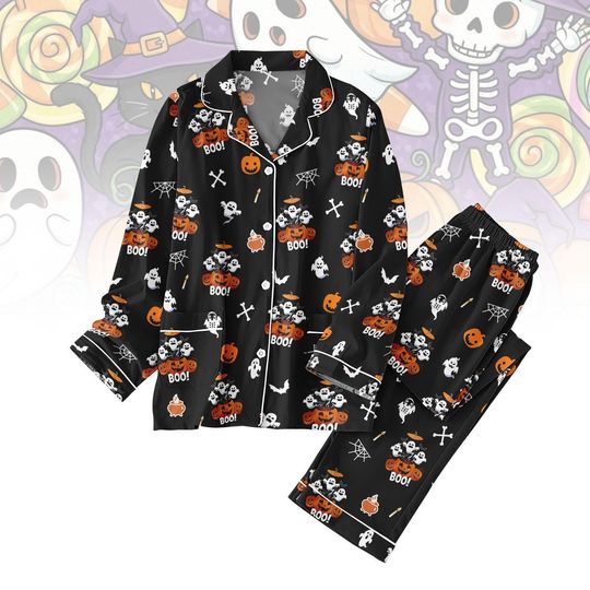 Boo Ghost Halloween Pajama Set, Cute Pumpkin Skeleton Women Pajamas, Spooky Pjs For Family, Funny Spider Pjs, Trick or Treat Loungewear