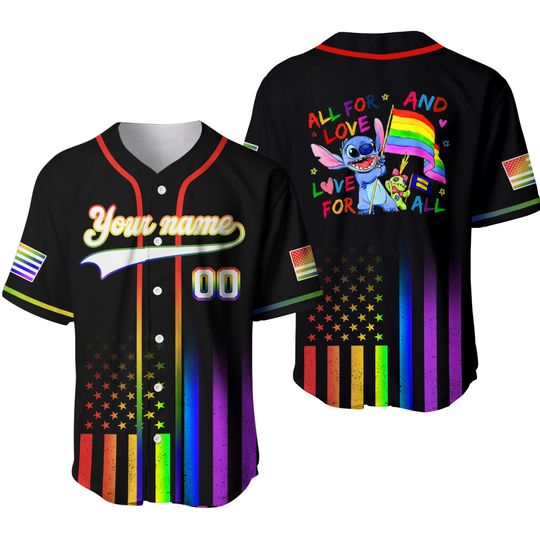 Personalized Stitch Pride Month Jersey, Disney Stitch Rainbow Baseball Jersey, Disneyland Trip Lgbt Jersey Shirt, Disney Matching