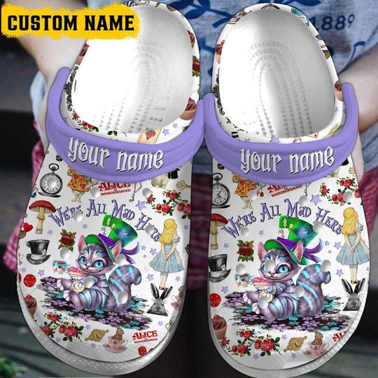 Custom Alice In Wonderland Halloween Clogs Shoes, We're All Mad Here, Cartoon Movie Shoes, Halloween Gift