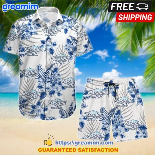 Keystone Light Hibiscus White Casual Hawaiian Shirt