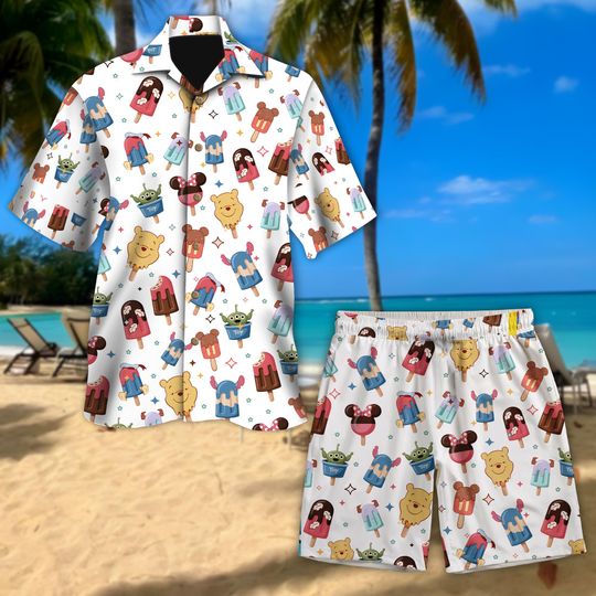 Disney Ice Cream Hawaiian Shirt, Disney Summer Tee, Magic Kingdom Button Up, Disneyland Winnie The Pooh T-Shirt, Mickey & Friends Beach Tee