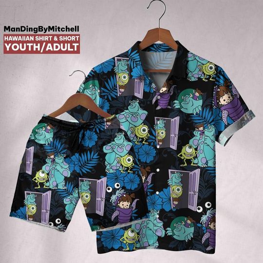 Monster Inc Tropical Summer Style Black Blue ,Monsters Hawaii Shirt, Disney Hawaiian Shorts, Summer Vacation Disney Hawaiian Shirt