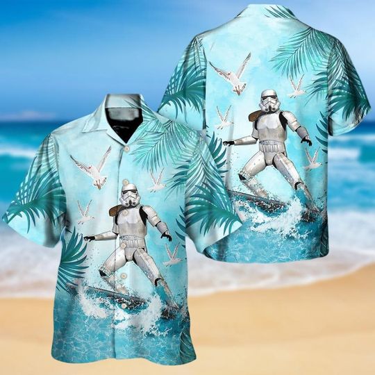 Stormtrooper Surfing Hawaiian Shirt, Star Wars Beach Shirt, Sci-Fi Summer Outfit, Cool Gift for Star Wars Fans