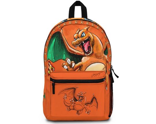 Funny Charizard Orange School Backpack, Kids Orange Backpack, Anime Backpack, poket mons Backpack, Back To School, Gift For Kids.