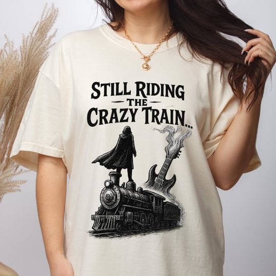 Ozzy Osbourne Bat Print T-Shirt, Gothic Rock Electric Guitar Steam Train Art, Metal Legend Tribute Tee