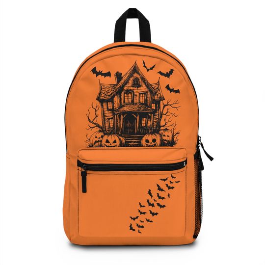 Spooky Haunted House Backpack for Halloween, Trick or Treat Bag, Pumpkin Carry, Gothic School Backpack, Fall Accessory