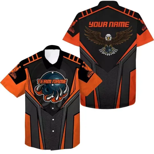 Bowling Eagle Custom Name And Team Name Hawaiian Shirt Orange Black Bowling Per