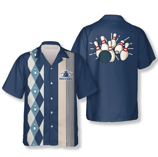 Blue Argyle 1950s Custom Bowling 3D Hawaiian Shirt