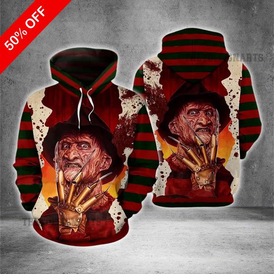 Freddy Krueger 3D Printed Hoodie, Nightmare On Elm Street Horror Sweatshirt, Halloween Costume Apparel, Gift for Horror Fans