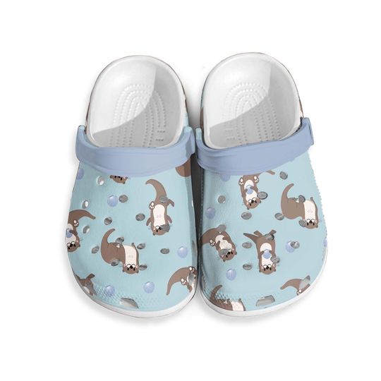 Light blue women's - children's clogs sandals, slippers - mules with otter design, otter pattern children's shoes, slip-on shoes otter lovers