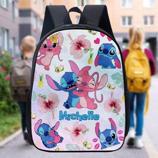 Personalized Stitch And Angel Backpack, Custom Name Bag, Birthday Kid Gift, Lilo & Stich, Couple Stitch Angel School Bag