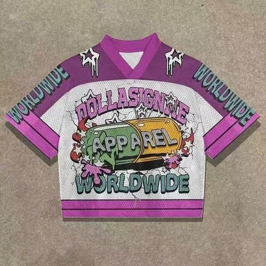 Y2K Mesh Baseball Jersey Crop Top V-Neck Short Sleeve Oversized Shirt Unisex Harajuku Hip Hop Graphics