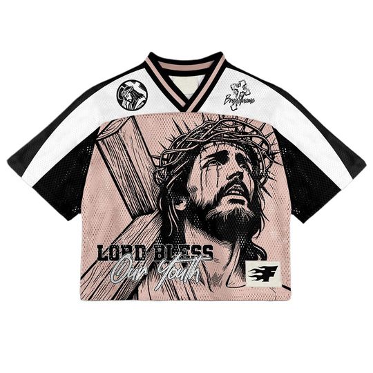 Enfants Riches Déprimés Inspired Oversized Mesh Baseball Crop Top with TV & Football Print