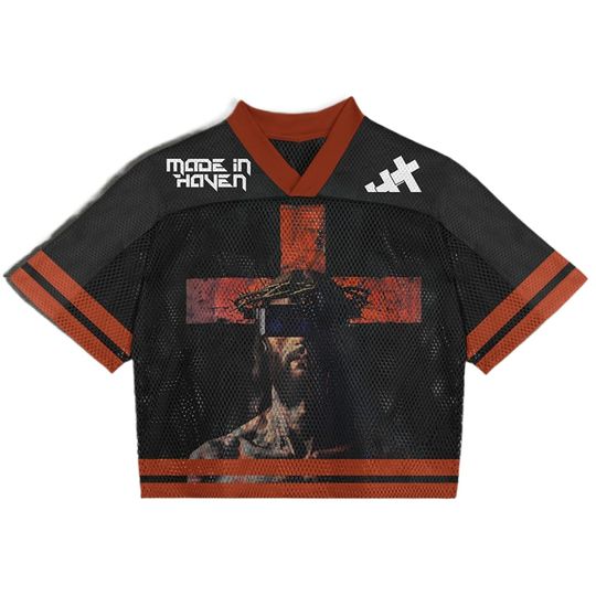 Men's and Women's Mesh Baseball Jersey Crop Top with Gothic Cross Print V-Neck Short Sleeve Top