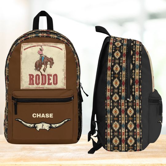 Boys Personalized Rodeo Backpack with Aztec Design, Western Backpack, Boys Back to School Bookbag, Custom Horse Backpack, Blue, Brown, Gray