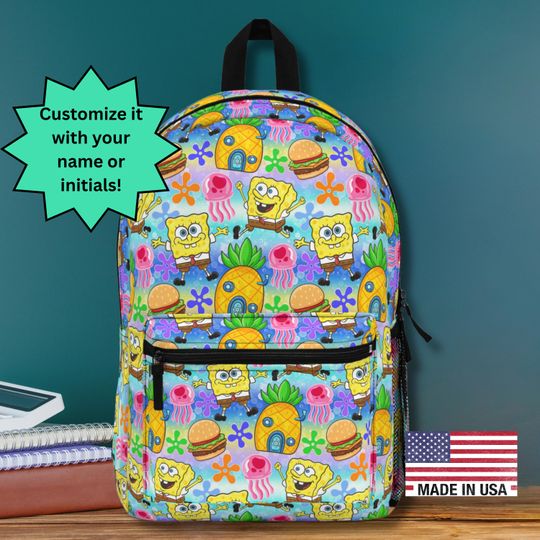 Sponge Pineapple Ocean Backpack - Colorful Under-the-Sea Ocean Friend Bag with Jellyfish & Burger Print