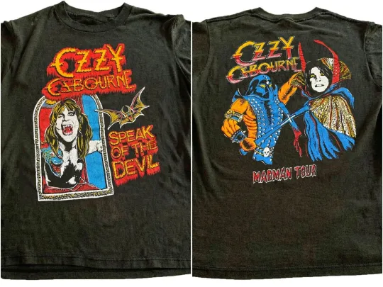 1980s Ozzy Osbourne Speak of the Devil Madman Tour 2 sided black T shirt