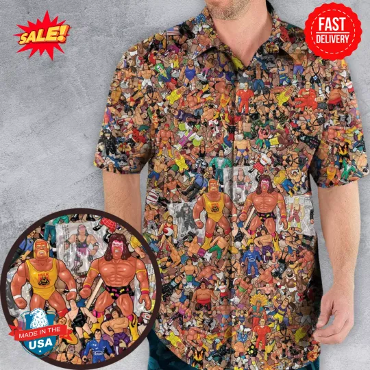 Hawaiian Shirt with Wrestling Hulk Hogan and Friends Figures