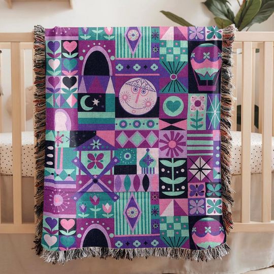 Retro Disney Its A Small World Woven Blanket, Mary Blair Inspired Mid Century Nursery Throw, Woven Blanke Decor, Disneyland Gift