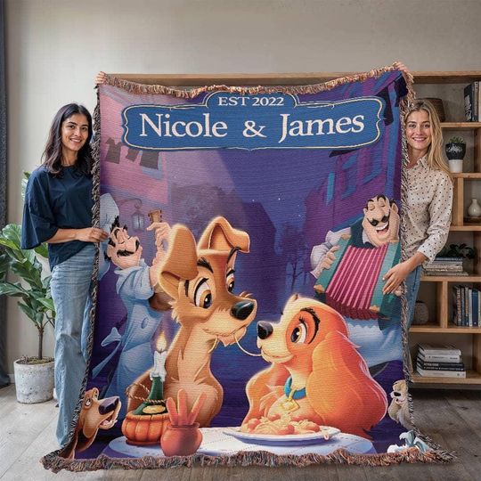 Lady and the Tramp Inspired Woven Blanket for Couples, Personalized Name Throw, Anniversary Gift, Home Decor, Wedding Gift,