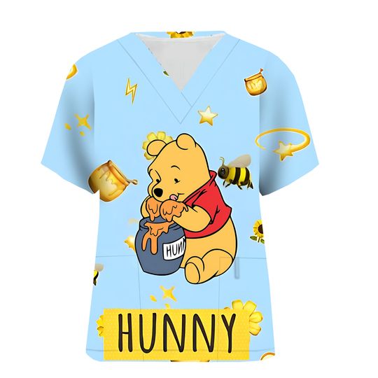 Disney Winnie The Pooh Scrub Top for Nurses and Doctors - Short Sleeved Cartoon Pattern