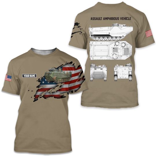 Custom Name U.S. Marine Corps Assault Amphibious Vehicle AAV AOP 3D T-Shirt
