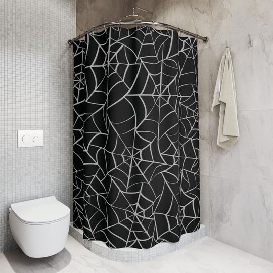 Witchy Spider Web Shower Curtain, gothic bathroom decor, Halloween black and white web curtain
