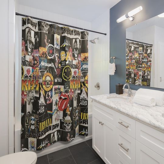 Rock and Roll Band Shower Curtain, Grunge Bathroom Decor, Music Lover Gift, Vintage Style Curtains