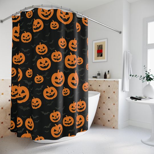 Halloween Pumpkin Bat Shower Curtain Haunted House Spooky Bathroom Decor Vibrant Orange Witch
