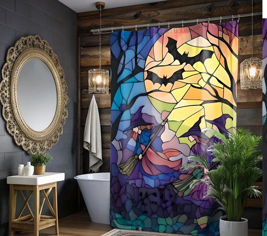 Halloween Stained Glass Shower Curtain with Witches, Bats, Full Moon, and Forest Decor, Gothic Bathroom Accessory