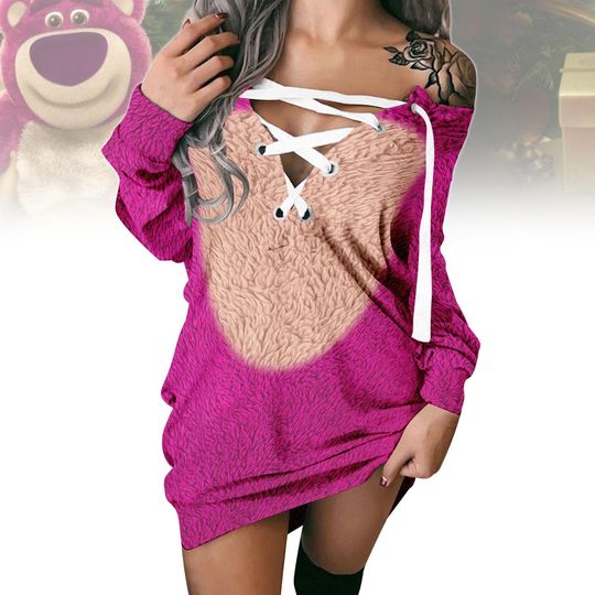 Lots O Huggin Bear Cosplay Costume Dress, Disney Lotso Bear Cross Sweater Dress, Toy Story Character Women Dress,Halloween Gift For Her