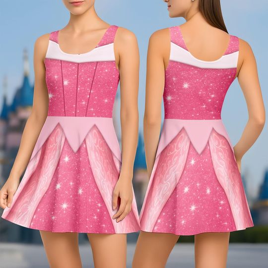 Aurora Make It Pink Skater Dress, Sleeping Beauty Disneybound Outfit, Disneyland Trip Dress For Women, Disney Princess Running Dress