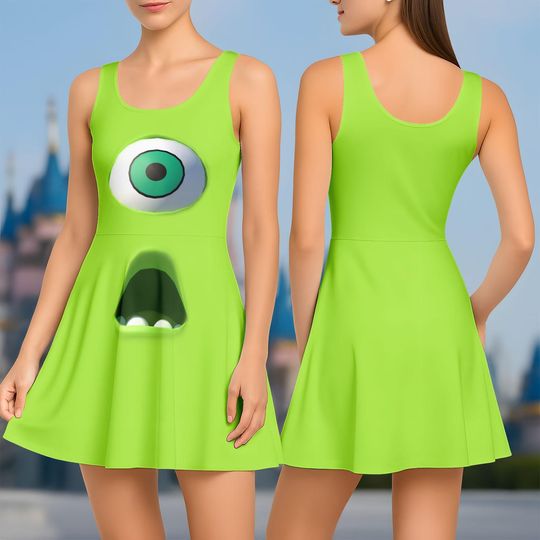 DHN220725U05] Mike Wazowski Costume Skater Dress, Green Monster Dress For Disneyland Trip, Monsters Inc Cosplay Outfit, Cute Halloween