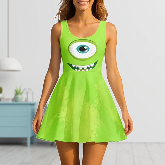 Mike Wazowski Skater Dress, Monsters Inc Green Cosplay Dress, Pixar Character Costume, Halloween Cosplay Gift For Her, Costume Gift