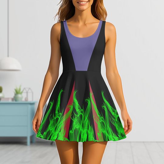 Maleficent Skater Dress, Villain Costume Dress, Halloween Fire Flame Cosplay, Disney Villain Women Skater Dress, Halloween Women gift