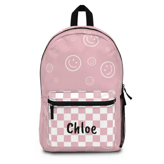 Personalized Pink Smiley Face and Checkered Backpack  Durable and Stylish