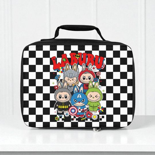 Labubu Inspired Superhero Lunch Box, Checkered Insulated Kids Lunch Bag for Back to School, Cute Labubu Themed Cooler Bag for Boys and Girls