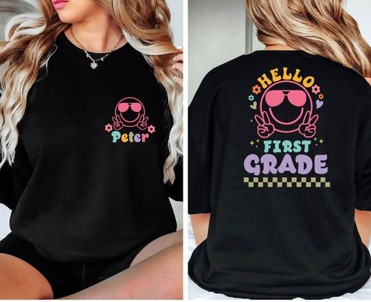Custom Pocket Name First Day Of School Front Back Shirt, Hello First Grade Shirt, Team Teacher Shirt, Back To School Two Sided Shirt,