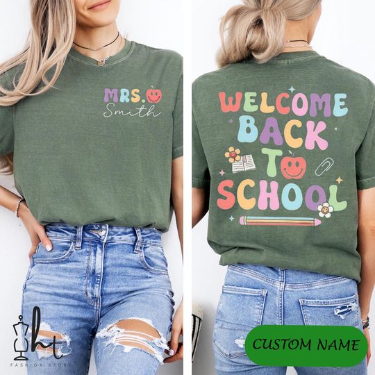 Personalized Back To School Teacher Shirt, Custom First Day of School Two Sided Tee, Student Names Classroom Welcome T-Shirt