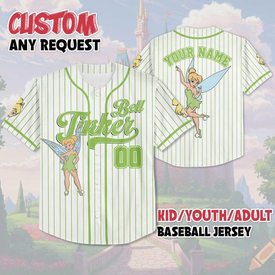 Custom Disney Tinker Bell Baseball Jersey, Disney Tinker Bell Baseball Shirt, Matching Disney Trip Outfit, Peter Pan Birthday Gift