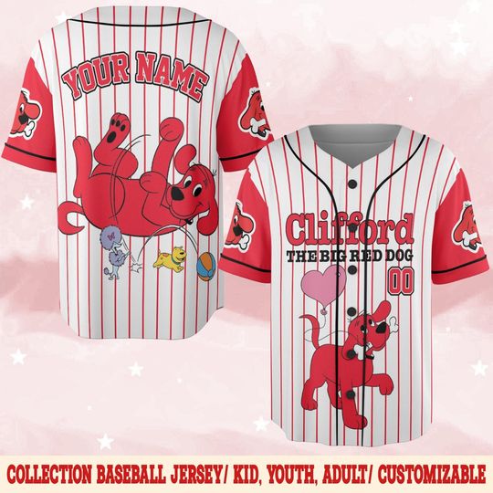 Custom Clifford The Big Red Dog Baseball Jersey, Personalized Red Dog Baseball Jersey, Red Dog Birthday Jersey, Red Dog Birthday