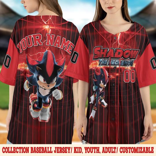 Custom Shadow The Hedgehog Dark Baseball Jersey, Personalized Name And Number Sonic 3 Movie Jersey, Red Shadow Fan Gift
