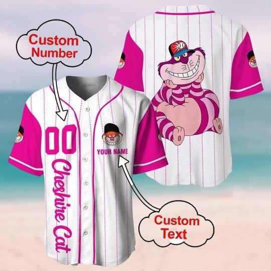 Custom Cheshire Cat Striped Baseball Jersey, Alice Adventures In Wonderland Baseball Shirt, We're All Mad Here Shirt, Mad Hatter Shirt